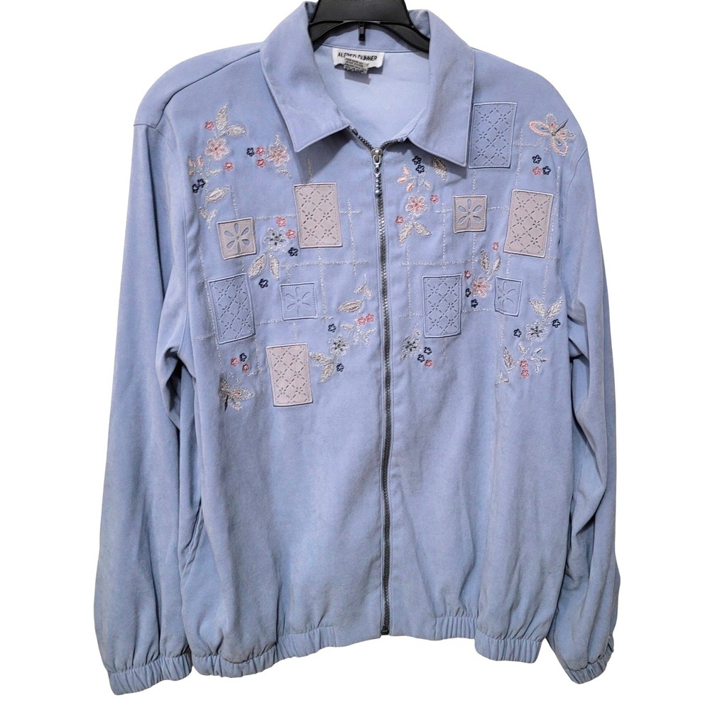 Alfred Dunner Womens Light Blue Embroidered Floral Zip Up Jacket Size 12